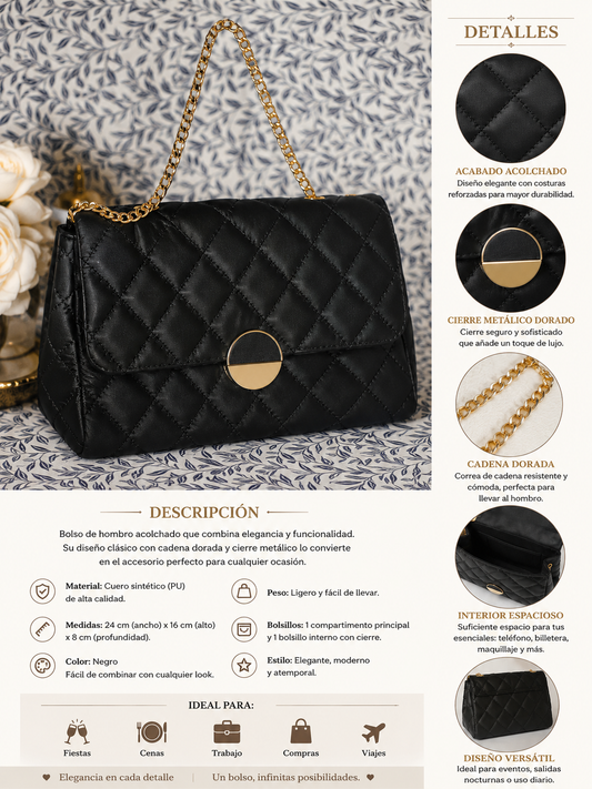 Bolso Acolchado Elegance Negro con Cadena Dorada