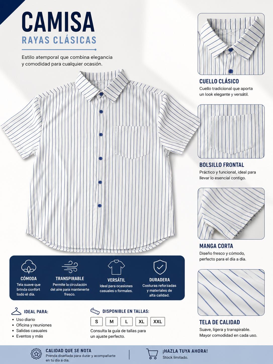 Camisa Masculina de Rayas con Manga Corta