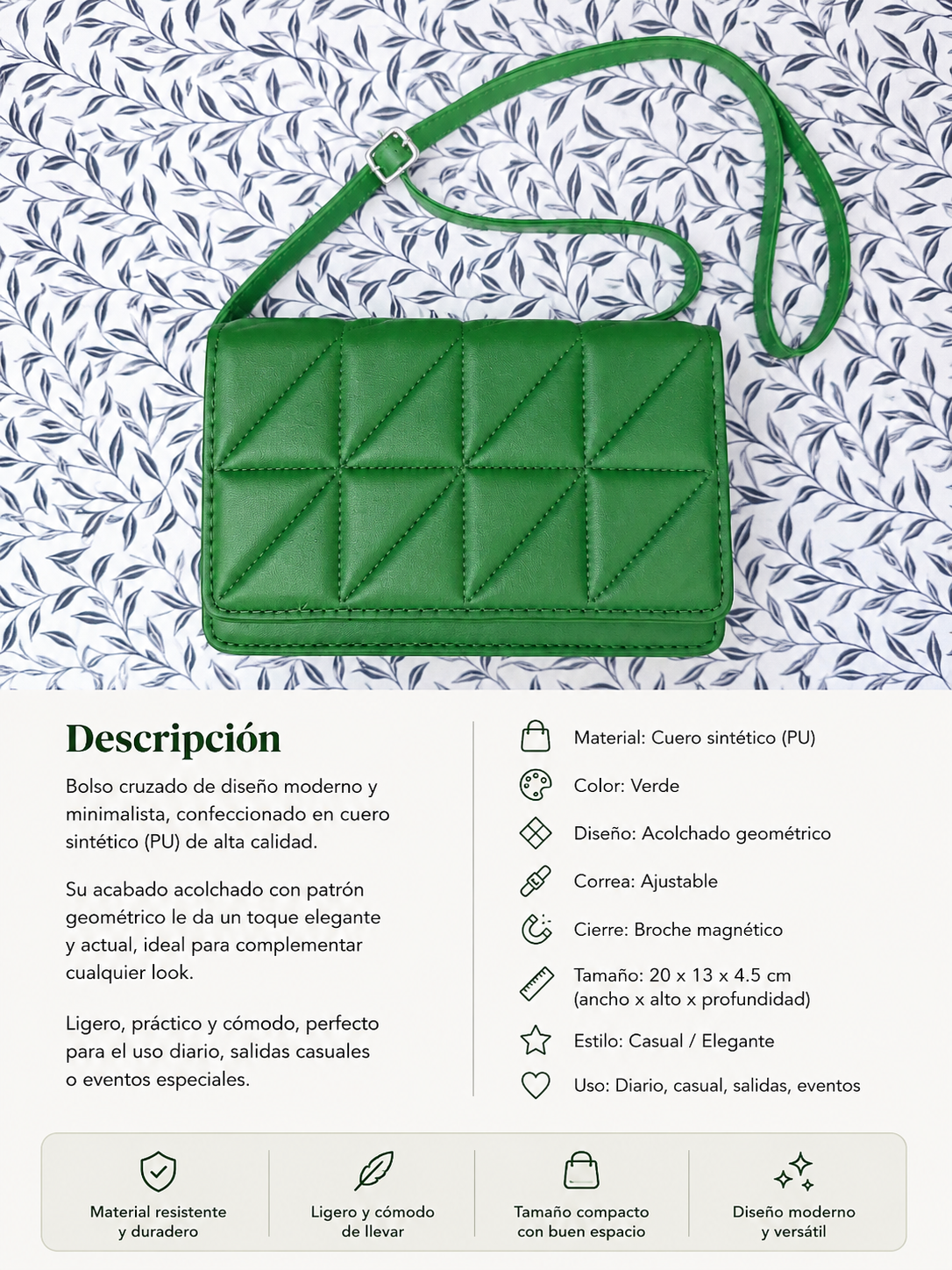 Bolso Cruzado Verde Acolchado – Moderno y Elegante