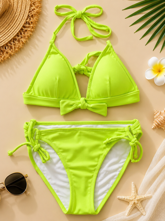 Bikini de Dos Piezas para Mujer en Verde Neón con Lazos Ajustables