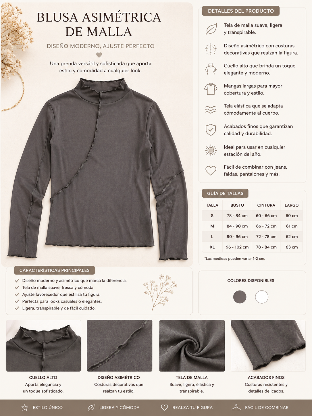 Blusa Asimétrica de Malla Gris para Mujer