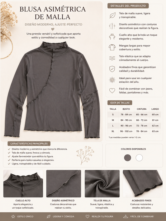 Blusa Asimétrica de Malla Gris para Mujer