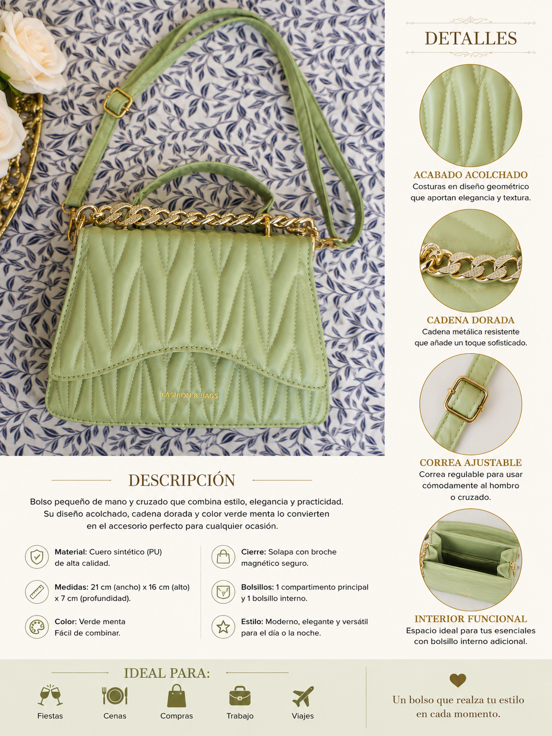 Bolso Elegance Verde Menta con Cadena Dorada