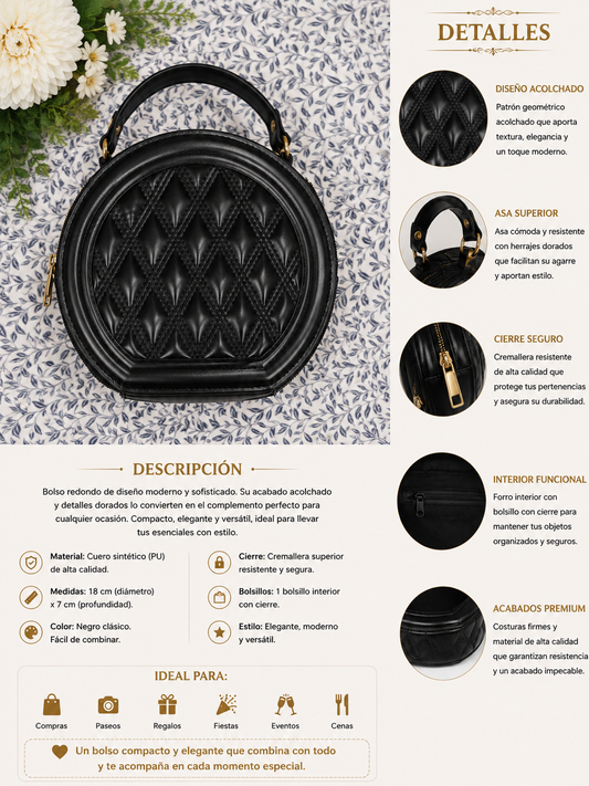Bolso Redondo Negro Acolchado Elegance