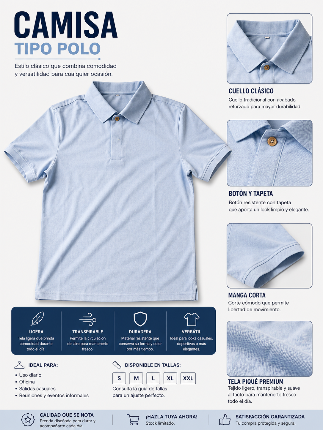 Camisa Tipo Polo Masculina Azul Claro